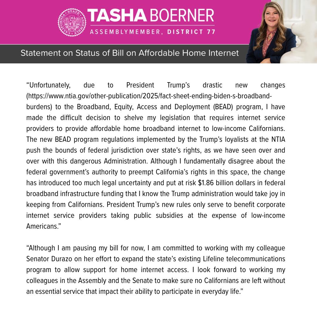 Statement on Status of Bill on Affordable Home Internet